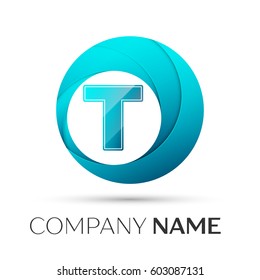 Letter T vector logo symbol in the colorful circle on grey background. Vector template for your design