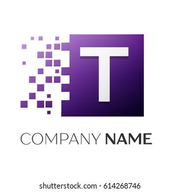 Letter T vector logo symbol in the colorful square with shattered blocks on white background. Vector template for your design