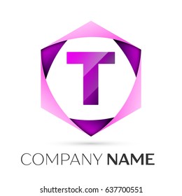 Letter T vector logo symbol in the colorful hexagonal on grey background. Vector template for your design