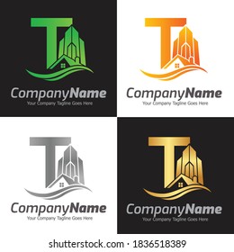 Plantilla para el logotipo del vector de la letra T, logotipo de la letra colorida T, inmobiliario, logotipo de construcción y diseño de la plantilla de vectores