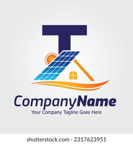 Plantilla para el logotipo del vector de la letra T, logotipo de la letra colorida T, diseño del logotipo de la energía solar, logotipo del panel solar, energía renovable, marca de energía solar