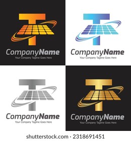 Plantilla para el logotipo del vector de la letra T, logotipo de la letra colorida T, diseño del logotipo de la energía solar, logotipo del panel solar, energía renovable, marca de energía solar