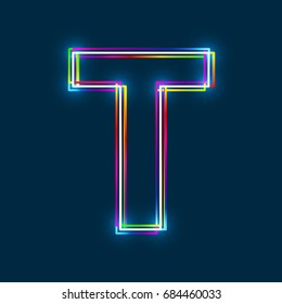 Letter T - Vector multicolored outline font with glowing effect isolated on blue background. EPS10