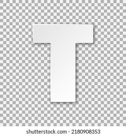 Letter T vector paper cut illustration. Monochrome volumetric font on transparent background. Best for polygraphy, print, posters, cards and web design. Editable vector illustration EPS 10.
