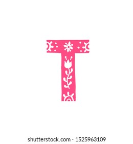 Letter T. Vector. Pink letter with ornament. Applique for clothes. Logo for the company.