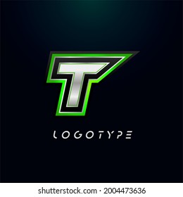 Letter T for video game logo and super hero monogram. Sport gaming emblem, bold futuristic letter with sharp angles and green outline. Tilted sharp letter type on black background