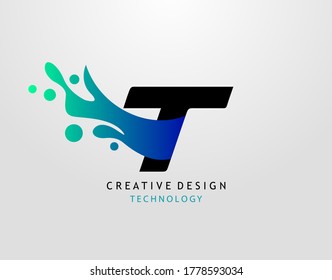 Letter T Water Splash Logo. Modern Techno Alphabet Splatter Icon, Template Design.