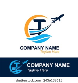 Letra T con logotipo de Onda y Avión Volador para Agencia de Viajes. Logotipo de diseño vectorial para etiqueta de transporte de viajes, turismo, publicidad de la compañía de vuelos