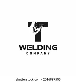 Letter T welding logo, welder silhouette working with weld helmet in simple and modern design style