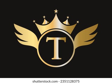 Letter T Wing Logo Concept With Crown Icon Vector Template. Wing Symbol