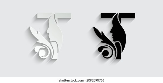 letter T woman face vector template logo beauty salon 