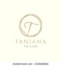 letter T with yarn needle tailor logo design, vector graphic symbol icon illustration