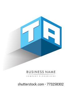 Letter TA logo in hexagon shape and blue background, cube logo with letter design for company identity.
