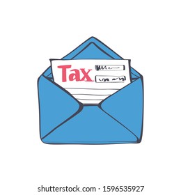 Letter tax. Envelope with form of payment of taxes. Official government documents obtained by mail. Vector illustration sketch design style. 