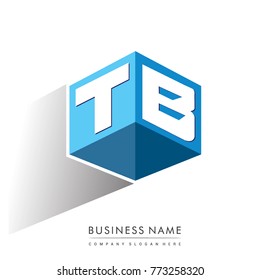 Letter TB logo in hexagon shape and blue background, cube logo with letter design for company identity.
