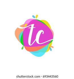 Letter TC logo with colorful splash background.