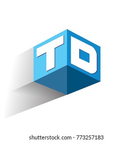 Letter TD logo in hexagon shape and blue background, cube logo with letter design for company identity.
