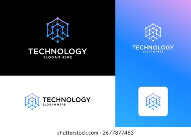 Letter A tech connection logo with abstract dot, blockchain and molecule graphic design vector