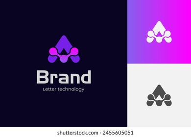 Letter A tech logo icon design with molecule dots graphic idea creative logo symbol for brand identity, initial artificial intelligence signs