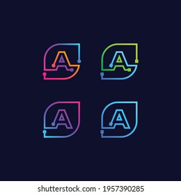 Letter A Technology and Digital Connection logo with Leaf and Dots tech sign, nature and eco symbol for your Corporate identity