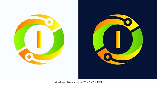 Letter I technology logo with circles and circuit board lines with letter I inside for digital, data, connection in green and orange gradient colors