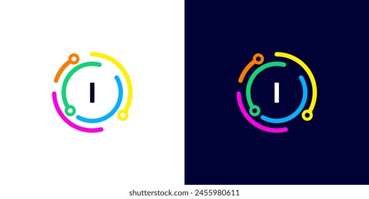 letter I technology logo with colorful connection circuit circle dots for technology,data,internet,computer