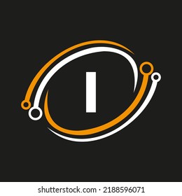 Letter I Technology Logo Combine with Technology Cable Vector Template