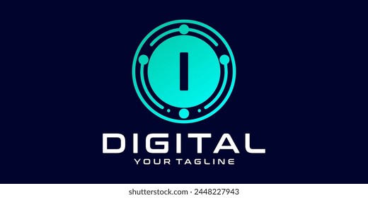 letter I technology logo. Digital font vector design for industry with circuit circles and dots, for digital, technology,data