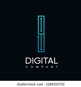 Letter I technology logo. Font digital vector design for industry with dot and blue color. Modern style with gradient. This logo is also suitable for machine business.