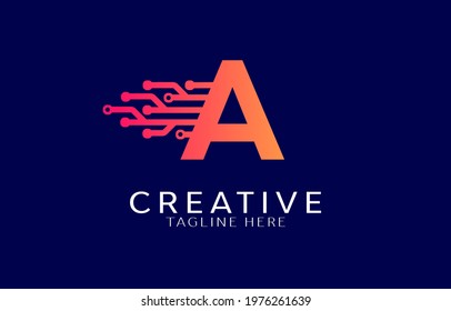 Letter A technology logo template in vibrant gradient color. Alphabet abstract digital logo design.