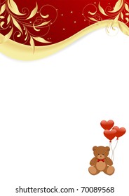 Letter with teddy bear, balls and golden floral patterrn. Vector illustration.