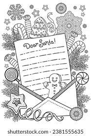 Letter template with an envelope for Santa. Vector abstract coloring page for adults. Page for coloring book and Christmas design