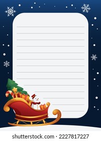 Letter template for letters to Santa Claus with sleigh and snow on dark blue background