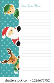 Letter template to Santa Claus with an illustration of him accompanied by an elf and a reindeer peeping out at the left side of the sheet