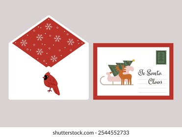 Letter template to santa with cute envelope. Christmas Santa Claus letter. Xmas holidays letter, mailing envelope