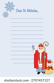Carta Plantilla a San Nicolás. Ilustración vectorial de Santa Claus con mitra y saco de regalos en el fondo