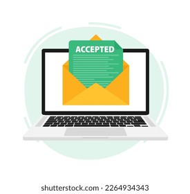 Letter with text accepted on laptop screen. Email with accepted header. Confirmation email message.