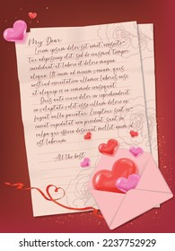 Letter text, open pink envelope with heart inside, red background with ribbon