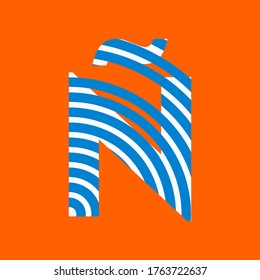 Letter Ñ texture of curved lines in white and blue on orange background for party, editable vector