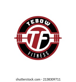 diseño de la plantilla del emblema del logotipo del círculo TF con el logotipo del gimnasio barbell.
