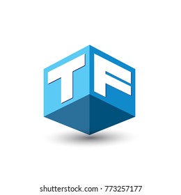 Letter TF logo in hexagon shape and blue background, cube logo with letter design for company identity.
