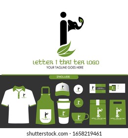Letter I Thai Tea Vector Logo Design Inspiration for Thai Tea House and Café. Elephant Logo with Tea Leaves Brand Identity Include Shirt. Apron. Hat. Cup. Pin. Business Card. Paper Bag
