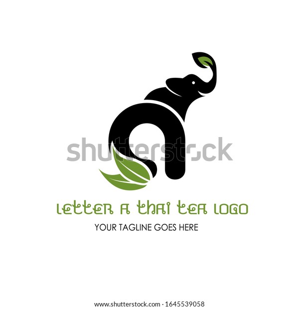 文字aのタイの茶のベクター画像ロゴ タイの茶店とカフェのインスピレーション 白い背景に象のロゴと茶の葉 ベクターイラスト のベクター画像素材 ロイヤリティフリー