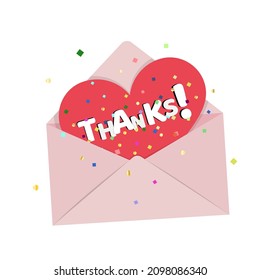 Letter of thanks. Application of the word thank you on a card in the shape of a heart in an envelope. Concept: international thank you day. Vector illustration, flat minimal design, isolated on white 