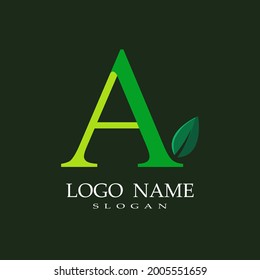 letter A theme logo with a combination of leaves, nature theme, green