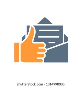 Letter with thumb up colored icon. Customer feedback, email review, online message symbol