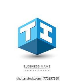 Letter TI logo in hexagon shape and blue background, cube logo with letter design for company identity.
