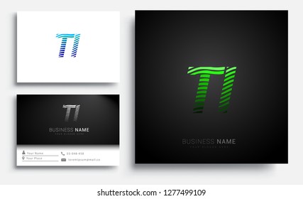 Letter TI logotype with colorful circle, with striped composition letter, sets of business card for company identity, creative industry, web.
