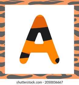 Letter A with tiger pattern. Festive font and frame from orange with black stripes alphabet, symbol for New Year and Christmas