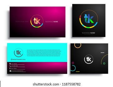 Letter TK logotype with colorful circle, letter combination logo design with ring, sets of business card for company identity, creative industry, web, isolated on white background.